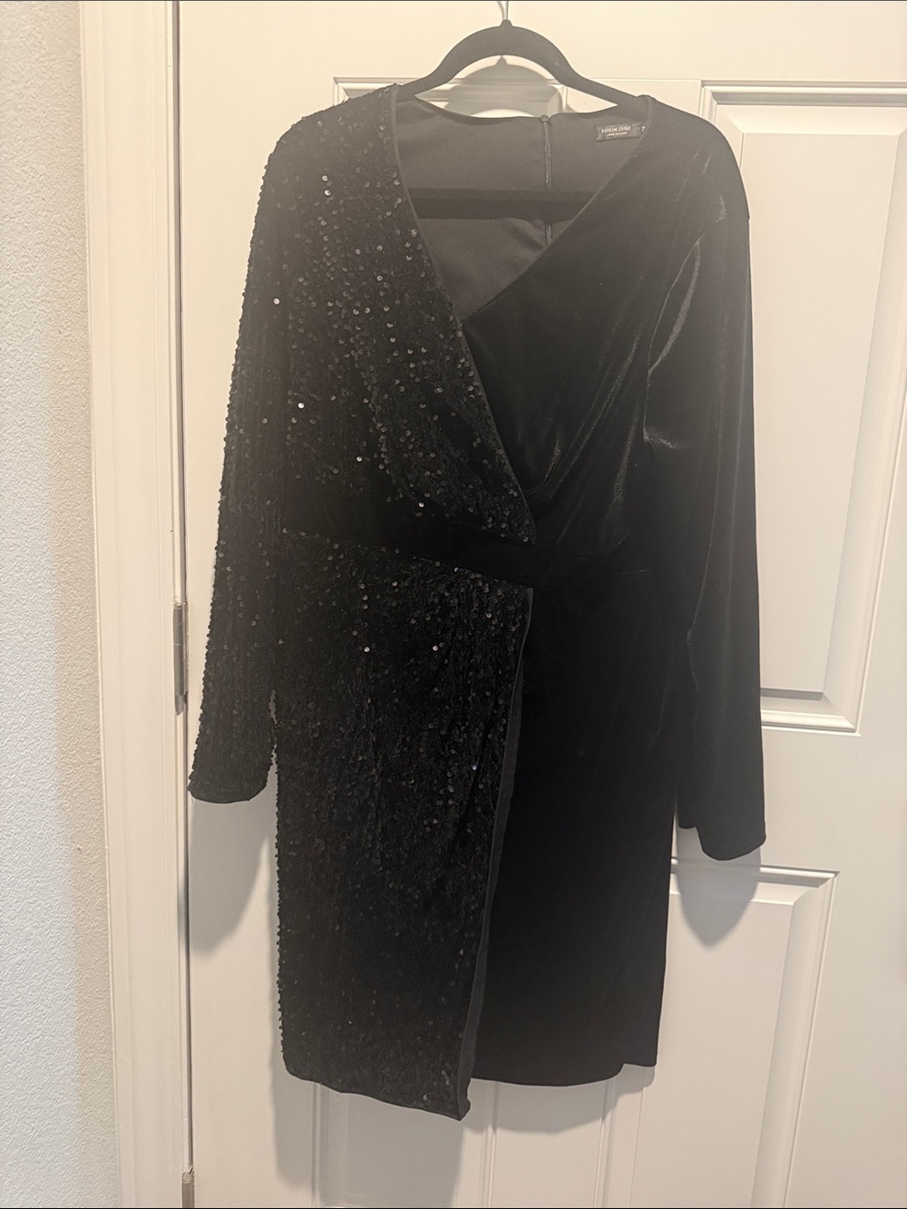 SHEIN Black Sequin Velvet Wrap Long Sleeve Dress